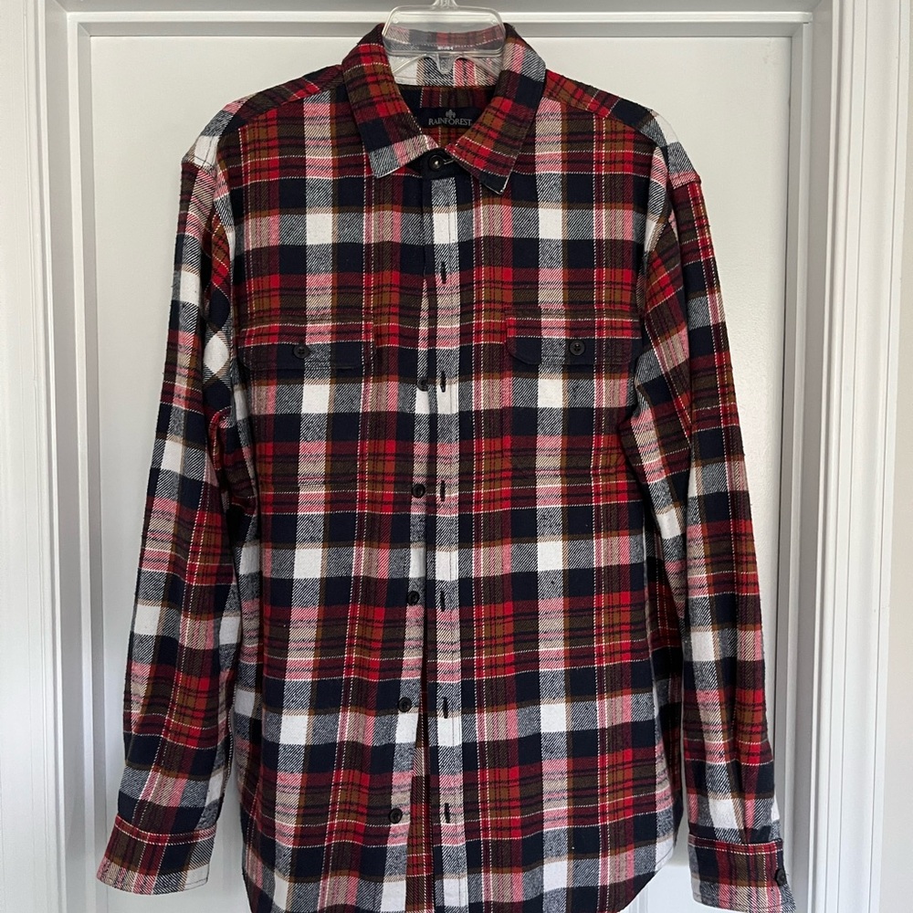 Men's Rainforest “Like New” Plaid Flannel Shirt - Red, Blue, White & Brown
